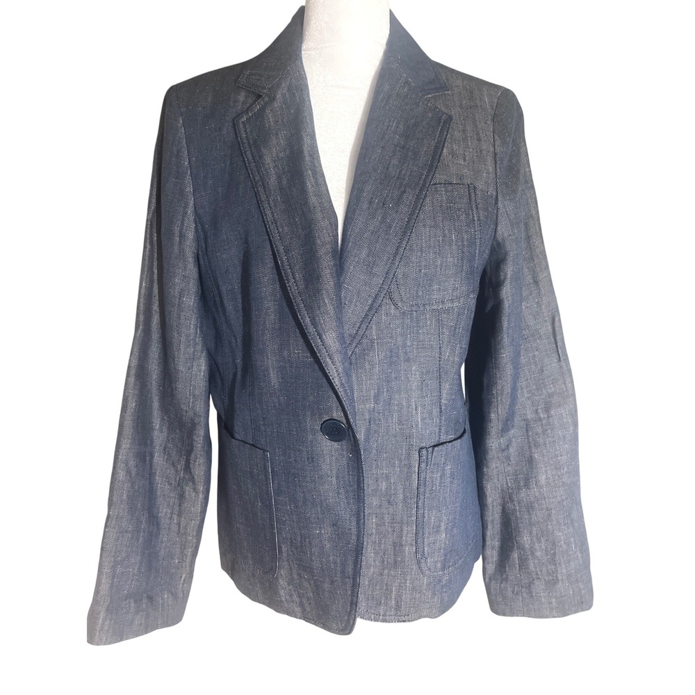 Talbots Women 12P Blue 100% Linen Blazer Lined Single Button Jacket EUC